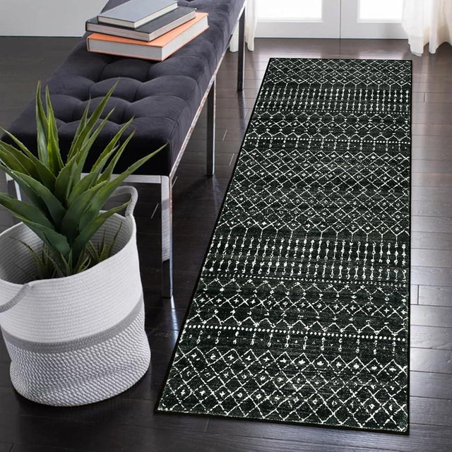 Beeiva Moroccan Kitchen Runner Rug 2x6, Washable Non Slip Soft Hallway Runners, Low Pile Ultra Thin Carpet Rugs for Hallway, Bedroom, Bathroom, Entryway - Black