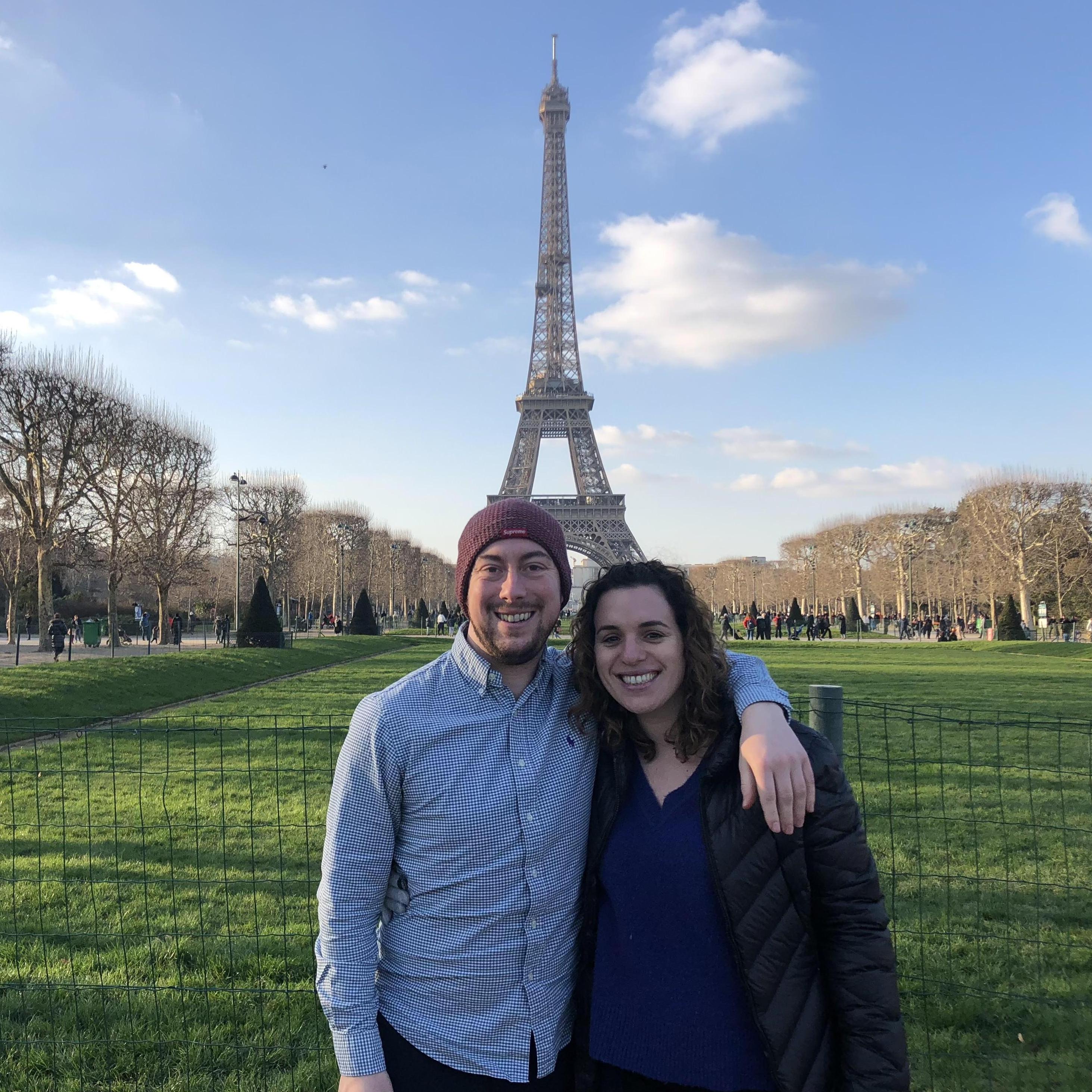 Having a picnic next to the Eiffel Tower in Paris, France for a long weekend Valentine's Day celebration!