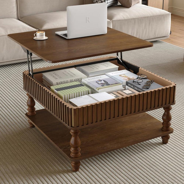 WILSHINE Lift Top Coffee Table with Storage, Fluted Wood Rectangle Coffee Table for Living Room Mid Century Modern Center Table for Small Space Apartment Home Office Walnut Brown
