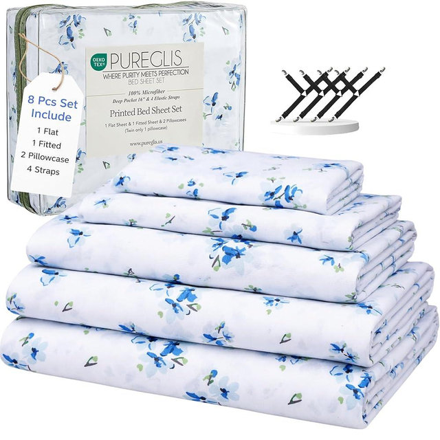 PUREGLIS King Size Blue Floral Bed Sheet Set, 8-Piece 100% Microfiber Sheets, Ultra Soft 16” Deep Pocket with 4 Corner Straps, Oeko-TEX Certified Wrinkle-Free Bedding (Blue, King)