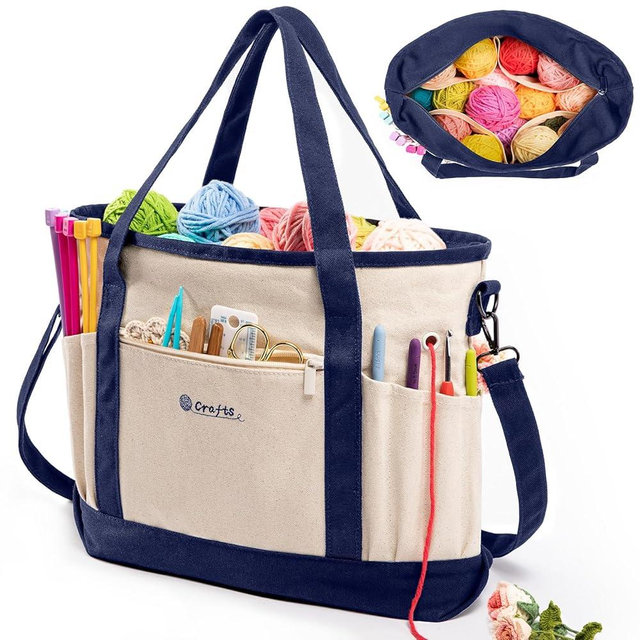MYBAGZING Canvas Yarn Storage Organizer Bag Washable Crochet Bag with Pockets for Yarn, Hooks, Needles – Travel Knitting Tote for Crafters – Gift for Crocheters & Knitters (Medium/Large)