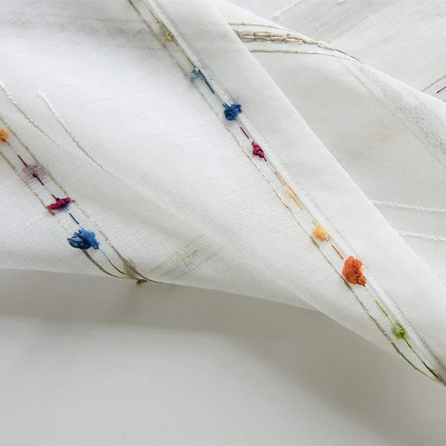 pureaqu Faux Linen Stripe Pattern Sheer Curtains for Bedroom/Kids Room Embroidered Colorful Rainbow Semi Sheer Voile Window Curtain for Living Room Rod Pocket Curtain Tulle W39 x L63 Inch 1 Panel