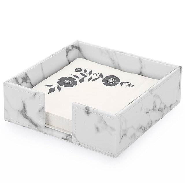 Sumnacon Napkin Holder, Leather Napkin Holders for Table, PU Napkin Basket, Square Napkin Tray, Flat Napkin Dispenser for Kitchen Dinning Table Desk Counter Restaurant Party Bar Picnic, Marble White