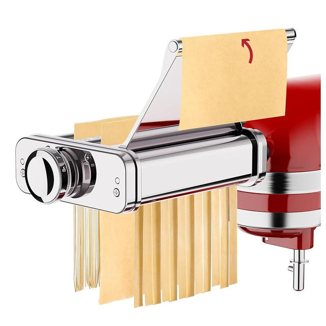 Stainless Steel Pasta Maker Attachment for KitchenAid Stand Mixer, 3 in 1 Pasta Maker with Auto Conveying Roller Plate Includes Pasta Roller Spaghetti & Fettuccine Cutter