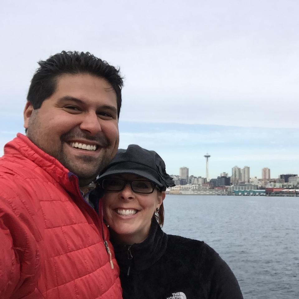 On the ferry to Bainbridge Island with the Space Needle in the background.