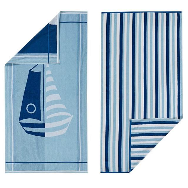100% Cotton 2-Pack Beach Towel. Soft Absorbent Quick Dry Towel Set. Playa Collection. (30" x 60", Sailboat / Stripe)