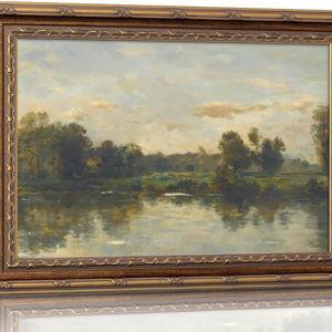 Vintage Gold Framed Landscape Wall Art Vintage River Painting Canvas Prints Landscape Wall Decor Countryside Painting Style Poster Print Artwork for Living Room Bedroom Home Decoration