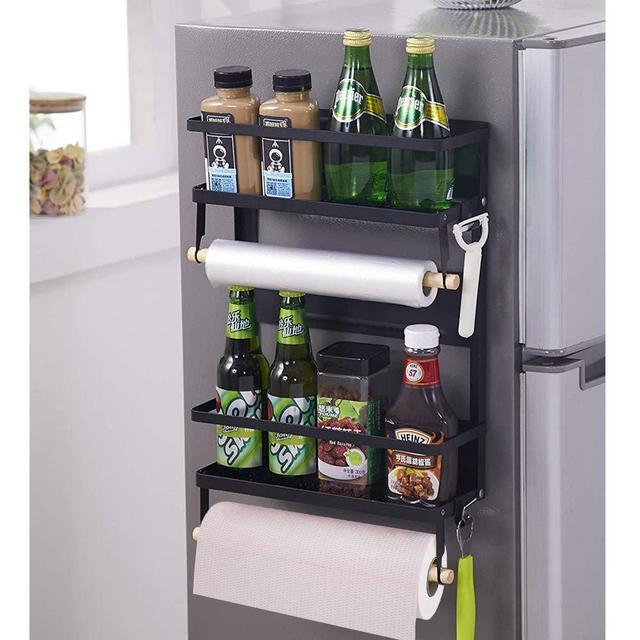 Magnetic Fridge Organizer, Magnetic Spice Rack with Paper Towel Holder and 5 Mobile Hooks, 4-Tier Magnetic Refrigerator Shelf in Kitchen Holds up to 45 LBS, 16x12x4 Inch Black