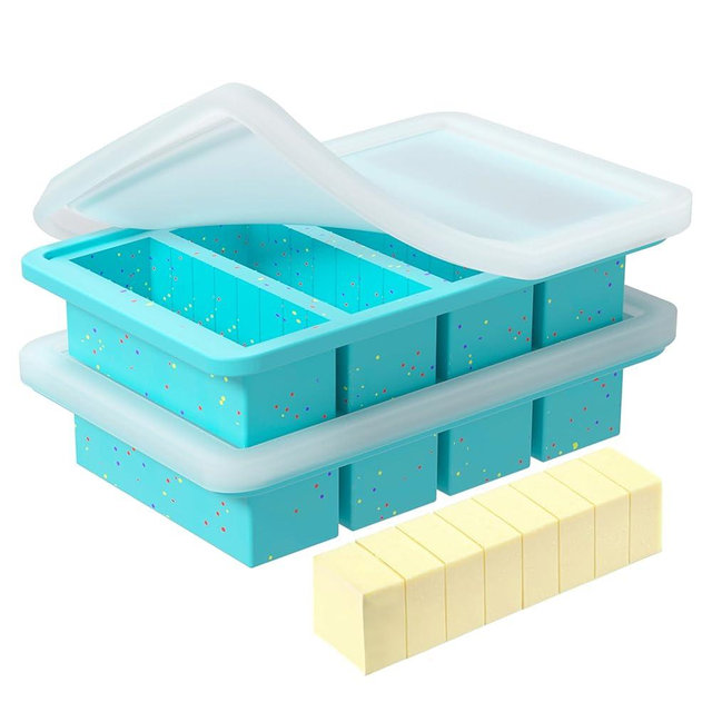 KASHME 2 Pcs Butter Mold With Stainless Steel Frame, Butter Mold With Measurements For Homemade Butter, Nonstick Silicone Butter Stick Molds With Lid, Fits 4 Oz Standard Butter Stick Size(Aque)