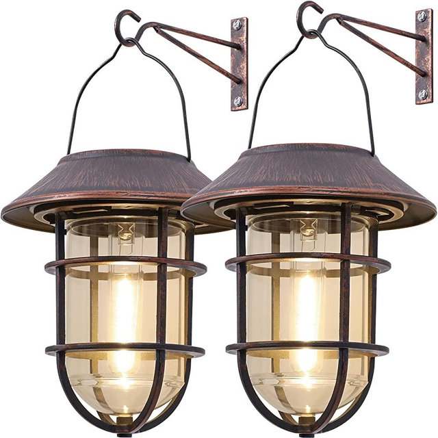Upgrade Solar Outdoor Lights, Hanging Wireless Solar Lantern, Waterproof Solar Lights with Wall Mount Kit for Garden Patio Porch Fence Decor 2 Pack,Bronze