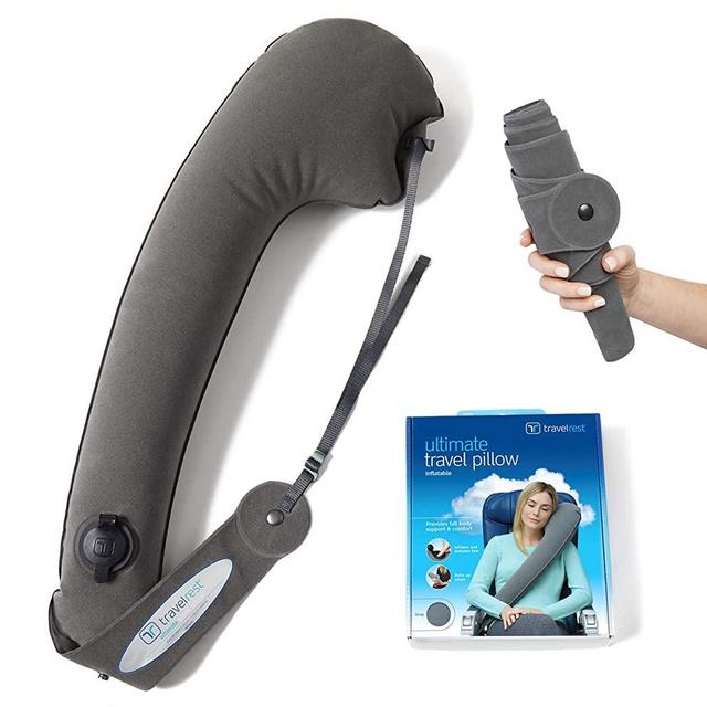 TRAVELREST Ultimate Travel Pillow & Neck Pillow - Straps to Airplane & Car Seat - Best Accessory for Plane, Auto, Bus, Train, Office Napping, Camping, Wheelchairs (Rolls Up Small) (2-Year Warranty)