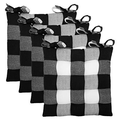 COTTON CRAFT - Set of 4 - Buffalo Check Chairpad -Black - 17x17 Inches- Dining Chair Pad Cushion with Ties- Classic Design- Easy Fit to Chair
