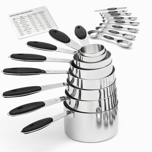 Measuring Cups 17-Piece Stainless Steel Measuring Set, Measuring Cups and Spoons with Leveler, Magnetic Conversion Chart, Black