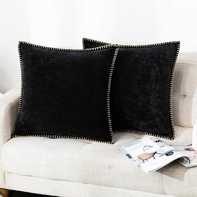 Farmhouse Decorative Throw Pillow Covers Set of 2 Trimmed Edge Velvet Cushion Cases for Couch Living Room, Black, 26x26 inches, Insert Not Included