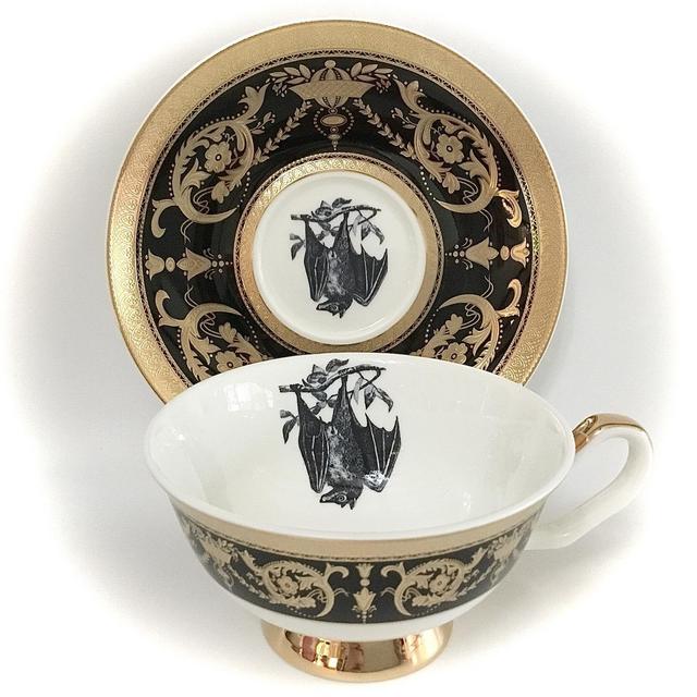 LIMITED EDITION, Free Shipping - Stunning Black Bat Teacup, 8 Ounces, Raised Gold, Food- and Dishwasher Safe.