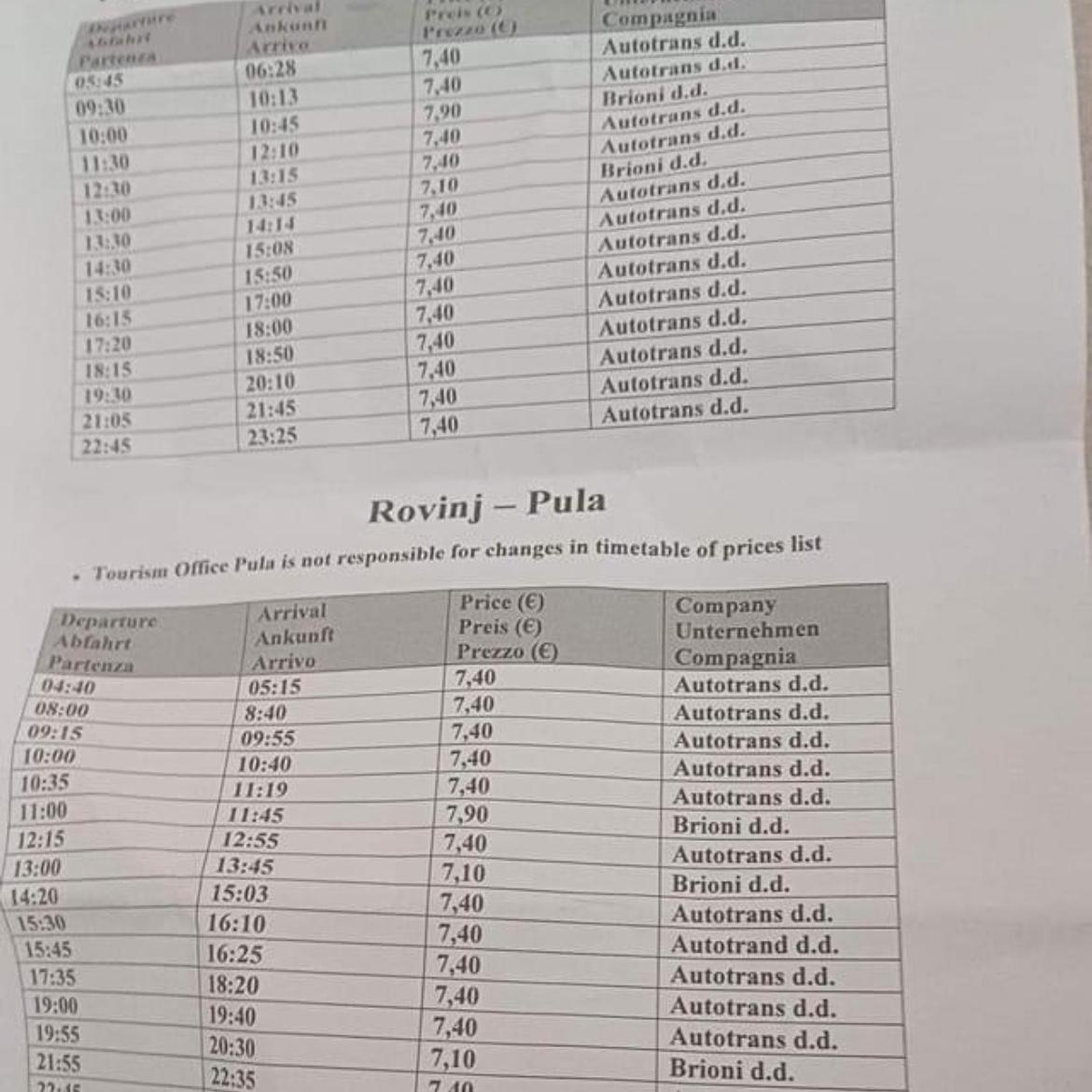 Bus schedule between Pula and Rovinj.