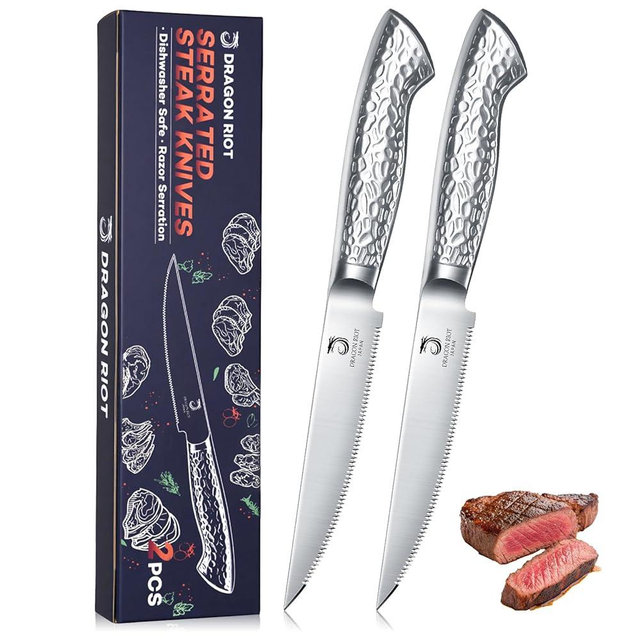 DRAGON RIOT Steak Knives Set of 2，Japanese Stainless Steel Steaks Knife With Serrated Edge Dinner Knife Diswasher Safe Steak Knives with Box
