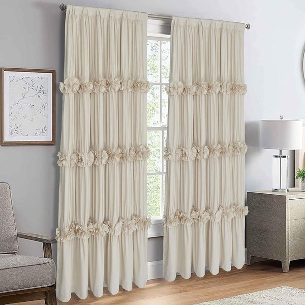 Thermal Insulated Blackout Window Curtains, 54" W x 84" L x 2 Panels, Boho Ruched Window Treatments with 3 Rows of Butterfly Flowers, Rustic Rod Pocket Drapes for Room, White (LQ-30)