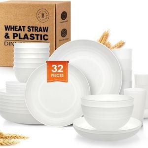 Teivio 32-Piece Kitchen Plastic Wheat Straw Dinnerware Set, Service for 8, Dinner Plates, Dessert Plate, Cereal Bowls, Cups, Unbreakable Colorful Plastic Outdoor Camping Dishes,Clear