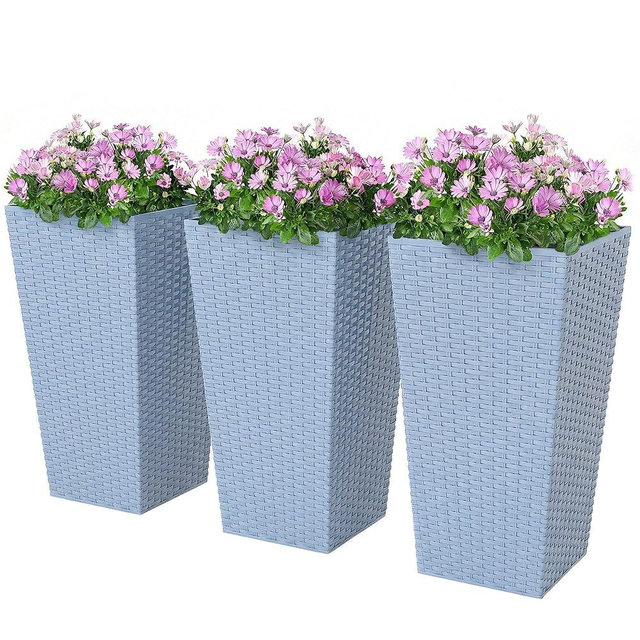 Outsunny Tall Planters for Outdoor Plants Set of 3, 24 in Taper Planters with Drainage Holes, Rattan Decor Plant Pots for Indoor Outdoor Front Porch Patio Backyard, Light Gray