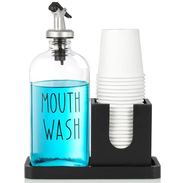Bivvclaz Mouthwash Dispenser for Bathroom, 16 OZ Glass Mouthwash Dispenser with Pour Spout and Wood Cup Holder and Tray, Mouth Wash Bottle Container, Black Bathroom Decor and Accessories