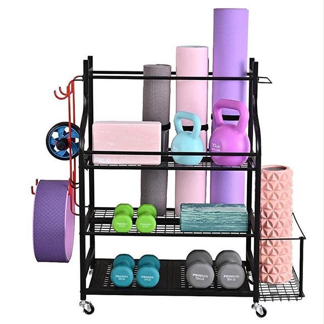 Mythinglogic Yoga Mat Storage Racks,Home Gym Storage Rack for Dumbbells Kettlebells Foam Roller, Yoga Strap and Resistance Bands, Workout Equipment Storage Organizer with Hooks and Wheels