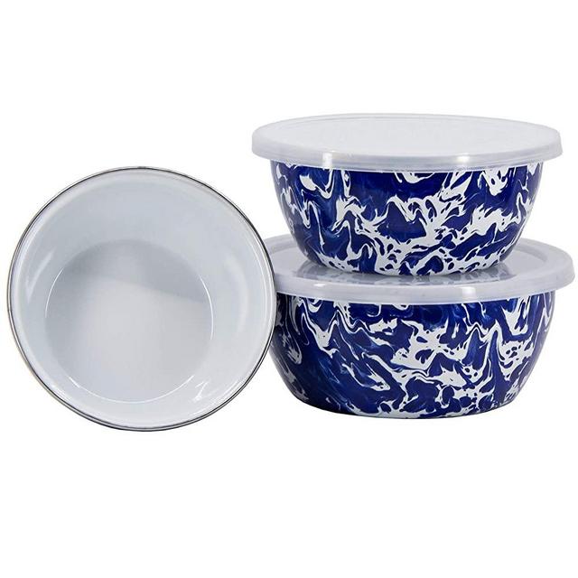 Golden Rabbit Enamelware - Cobalt Blue Swirl Pattern - Set of 3 Storage Bowls with Lids