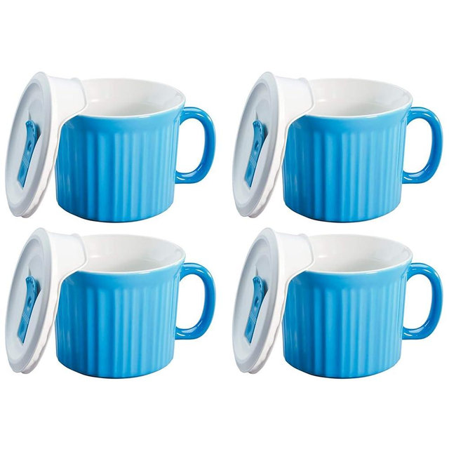 CorningWare 20 Ounce Light Blue Meal Mug With Plastic Vented Lid – 4 Pack