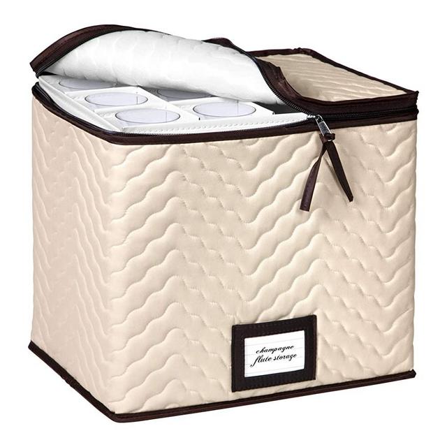 Champagne Flute Storage Box Case - Organizer Chest Holds 12 Stemware Glasses - Durable Microfiber Container Bin with Dividers - Protects Champagne Flutes, Crystal Glass, Wine Glasses and Fine China