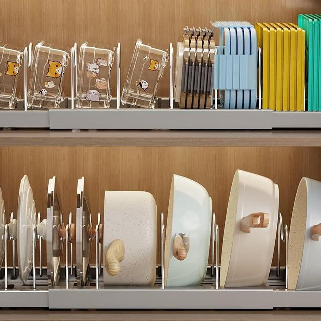 Mustorn 2 Pack Pots and Pans Organizer Under Cabinet, 22" Expandable Food Storage Container Lid Organizers with 9 Adjustable Dividers Pot and Pan Lid Holders Rack Inside Cabinet/Countertop(Gray)