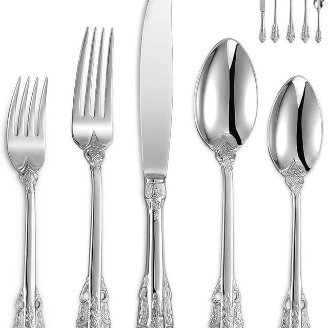 KEAWELL Gorgeous 65-Piece 18/10 Stainless Steel Silverware Set, Service for 12, Mirror Finish, Dishwasher Safe, Box Set, Antique Baroque Silver Color Flatware Cutlery Set…