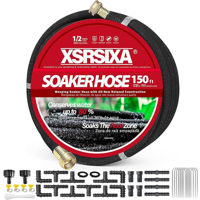 XDRSIXA 150FT Heavy Duty Soaker Hose – 1/2" Ultra-Flexible Rubber with Reinforced Core, 20% Stronger Stretch & Even Water Flow for Gardens, Lawns, Raised Beds (Drip Irrigation Hose Kit)