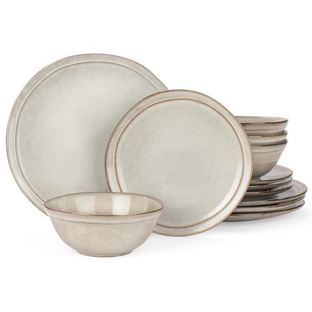 Famiware Aegean Dinnerware Set for 4, Plates and Bowls Sets, 12-Piece Stoneware Scratch Resistant Dinner Set, Handmade Irregular Round Dishes, Microwave and Dishwasher Safe, Sand Beige