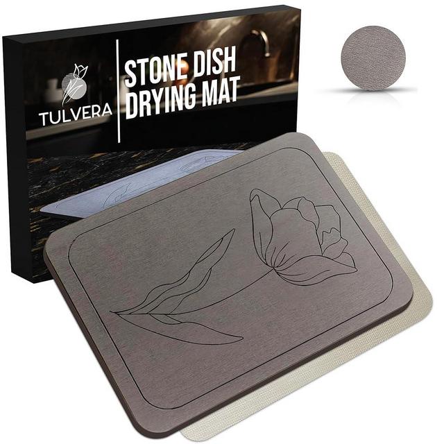 TULVERA Stone Drying Mat for Kitchen Counter – Diatomaceous Earth Dish Drying Mat | Fast-Absorbing, Minimalist Design, Durable Diatomite | Non-Slip, Heat Resistant, Easy-to-Clean | 16"x12" | USA Brand