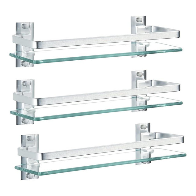 AIJALY 3 Pack Bathroom Glass Shelf,Aluminum Tempered Glass 0.34in Extra Thick Rectangular 1 Tier Storage Organizer Wall Mount,Silver 15.7in