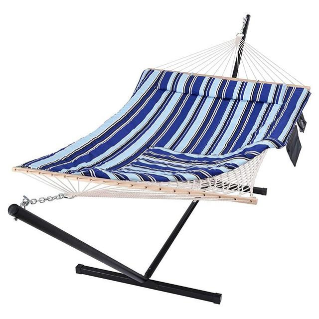 SUNCREAT Hammock Double Hammock with Stand, Two Person Cotton Rope Hammock, Blue Stripe