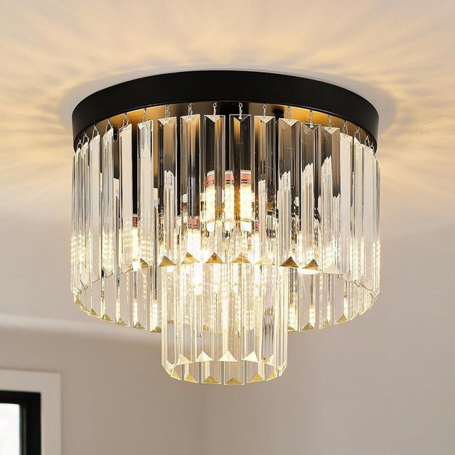 Faibra 12.6" Black Crystal Ceiling Light 4-Light Modern Fixture 2-Tier Luxury K9 Crystal, for Dining Room Kitchen Island Living Room Bedroom