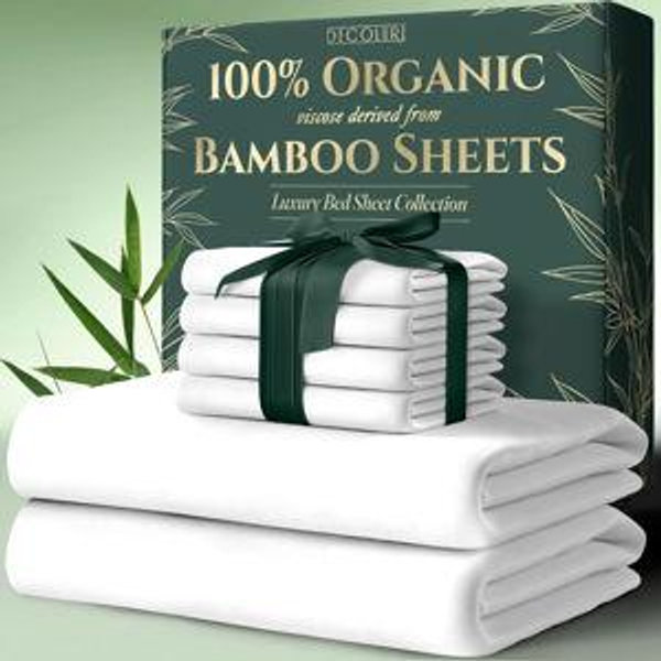 DECOLURE 100% Organic Viscose Derived from Bamboo Sheets King Size 6pcs - Ultra Soft & Luxuriously Cooling, 17" Deep Pocket, Double Stitching, Perfect for Hot Sleepers - King Bed Sheets (White)