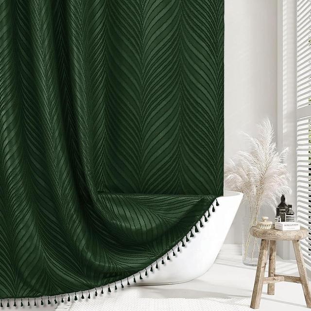 Siiluminisoy Dark Green Boho Shower Curtain Woven Fabric Cute Shower Curtain, 72 x 72 Tufted Leaves Textured Striped Modern Farmhouse Minimalist Cloth Shower Curtain for Bathroom