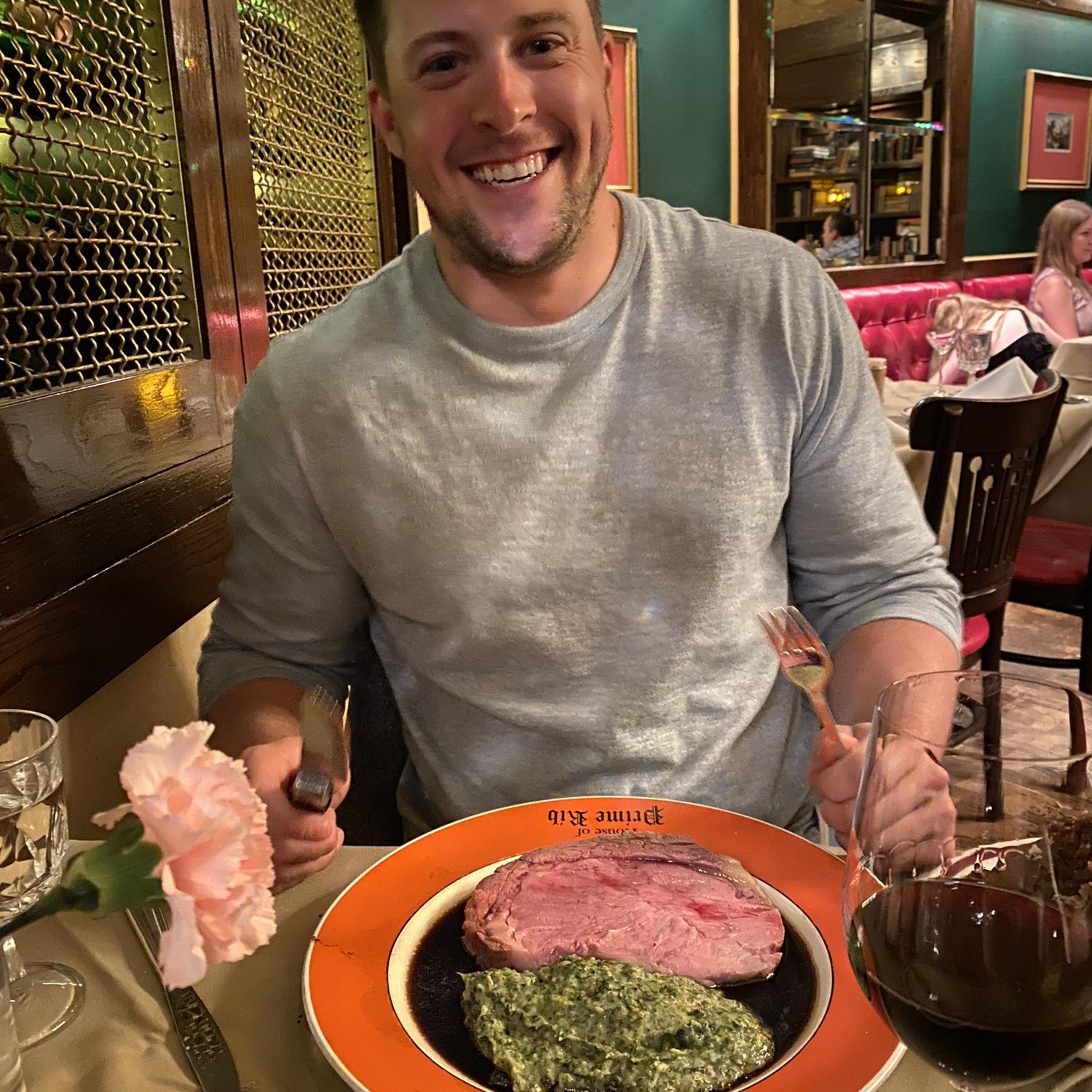 Marissa’s favorite picture of Kevin - his first time at House of Prime Rib in 2021. Look how happy he is! 🥹