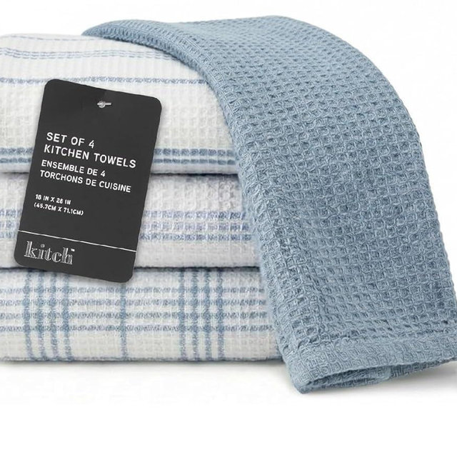 MosJos Kitchen Towels Set of 4 Dish Towels Blue n White Waffle Weave Cotton Hand Towels, 18 x 28 Absorbent Kitchen Linens