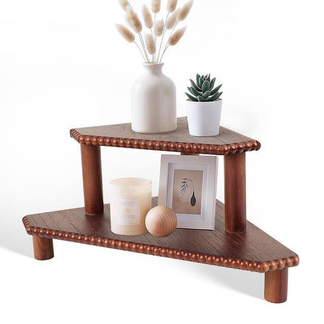 MITREL 2-Tier Rustic Corner Shelf for Kitchen Counter,Wood Beaded Farmhouse Countertop Organizer with Removable Feet, Stackable Bathroom Vanity & Coffee Bar Decorative Riser Stand(Rustic Walnut)
