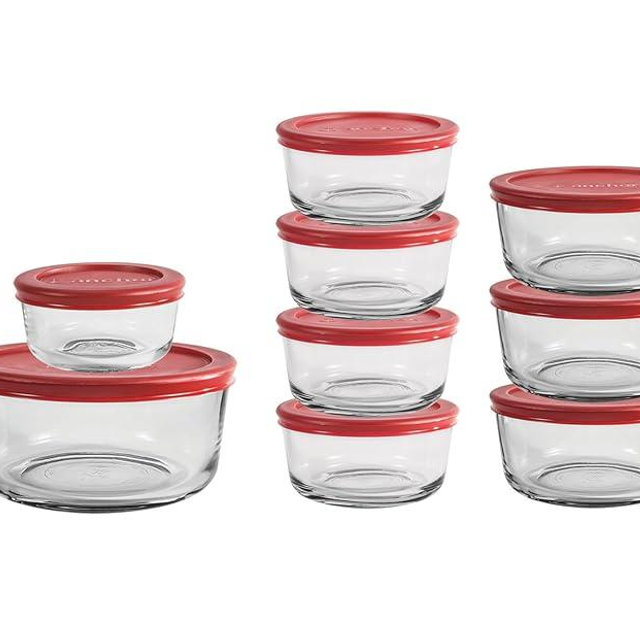 Anchor Hocking 18 Piece Glass Storage Containers with Lids (9 Glass Food Storage Containers & 9 Red SnugFit Lids)