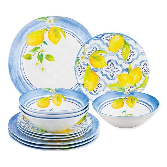 UPware 12-Piece Melamine Dinnerware Set, Includes Dinner Plates, Salad Plates, Bowls, Service for 4. (Lovely Lemons)