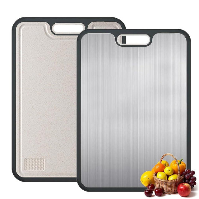 Wekayli Stainless Steel Cutting Board,Double Sided Steel Cutting Boards for kitchen,Stainless Steel/Wheat straw pp Board for meat,non toxic Chopping,15 * 10 Inch,Dishwasher Safe