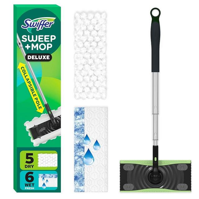 Swiffer Sweep & Mop Deluxe 2-in-1 Floor Mopping and Sweeping Kit, Multi-Surface Kit for Floor Cleaning, Kit Includes 1 Sweeper Device, 5 Heavy Duty Dry Sweeping Cloths, 6 Heavy Duty Wet Mopping Cloths