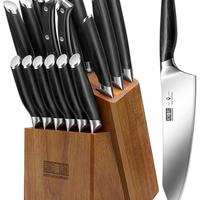 HOSHANHO 16-Piece Kitchen Knife Set with Block, Powder Steel High Carbon Steel Knife Block Set, Ultra Sharp Professional Chef Knife Set with Sharpener