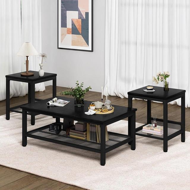 Lamerge 3 Pieces Living Room Table Set, Industrial Coffee Table with 2 Square End Side Tables, Coffee Table Set with Metal Frame for Apartment Home Office, Black
