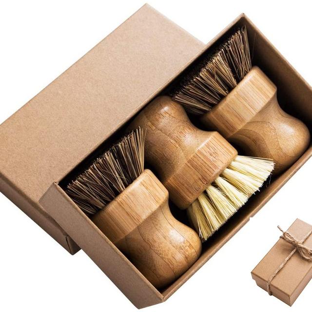 Palm Pot Brush- Bamboo Round 3 Packs Mini Dish Brush Natural Scrub Brush Durable Scrubber Cleaning Kit with Union Fiber and Tampico Fiber for Cleaning Pots, Pans and Vegetables