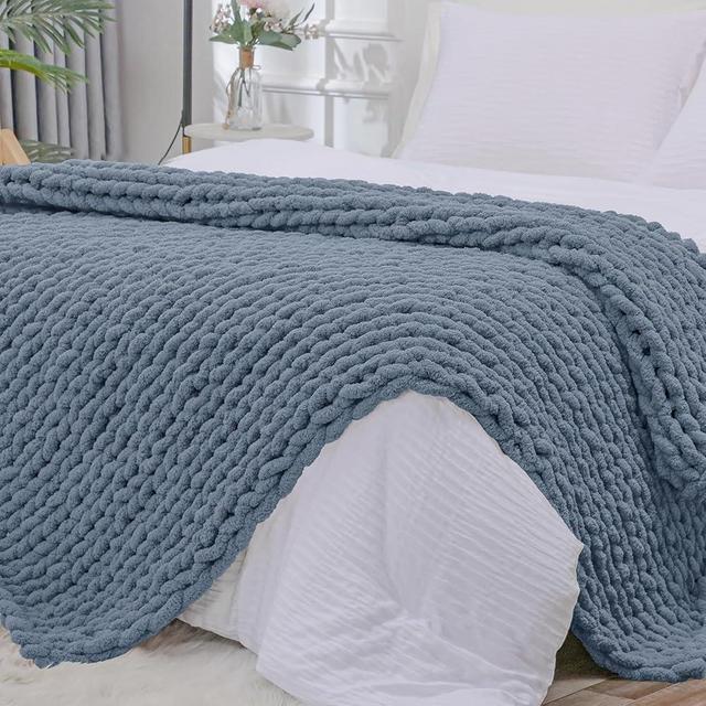 Bigacogo Chunky Knit Blanket Throw 51"x63", 100% Hand Knitted Chenille Throw Blanket, Big Soft Thick Yarn Cable Knit Blanket, Large Rope Knot Crochet Throw Blankets for Couch Bed Sofa(Cold Sea Blue)